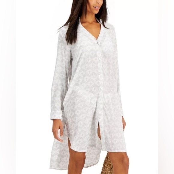 NWT J. Valdi Barcelona Button Front Long-Sleeved Midi Shirt Dress Swim Coverup M - Picture 2 of 13